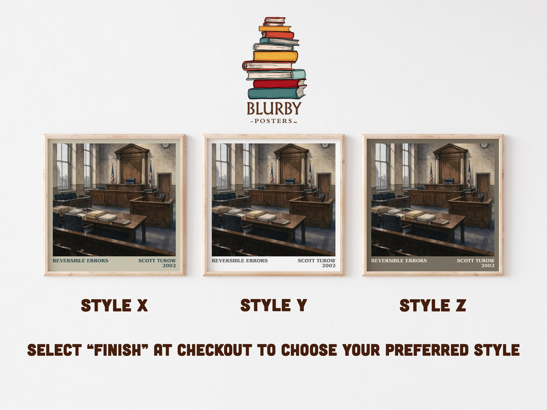 Reversible Errors literary print in frame leaning in hallway – legal thriller wall art (mockup)