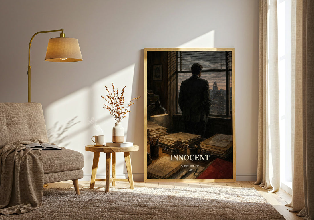 Innocent watercolour print in frame leaning in hallway – legal thriller wall art (mockup)