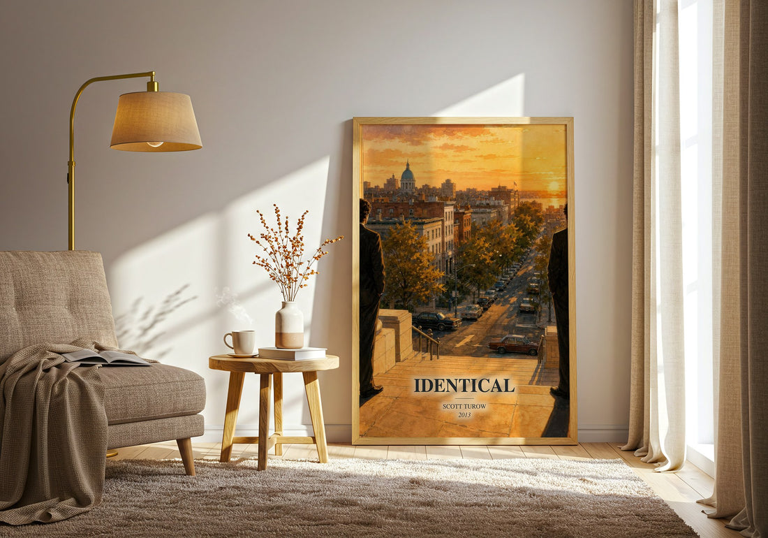 Identical watercolour print in frame leaning in hallway – legal thriller wall art (mockup)