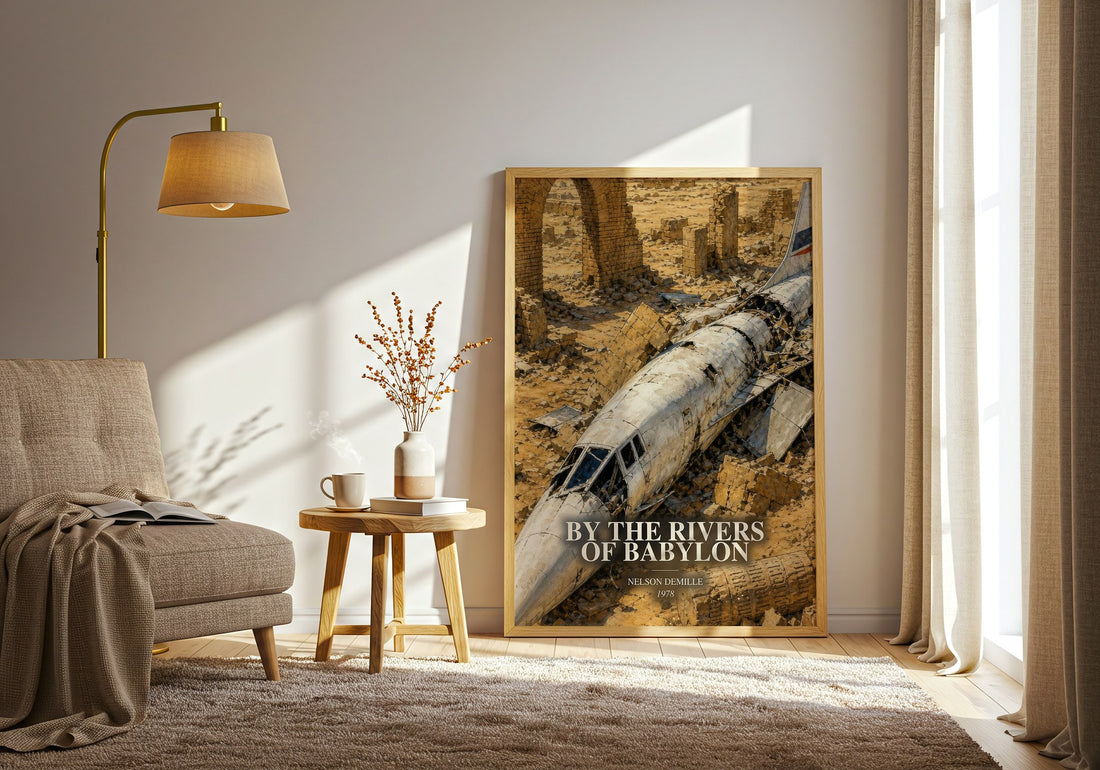By the Rivers of Babylon watercolour print in frame leaning in hallway – thriller wall art (mockup)