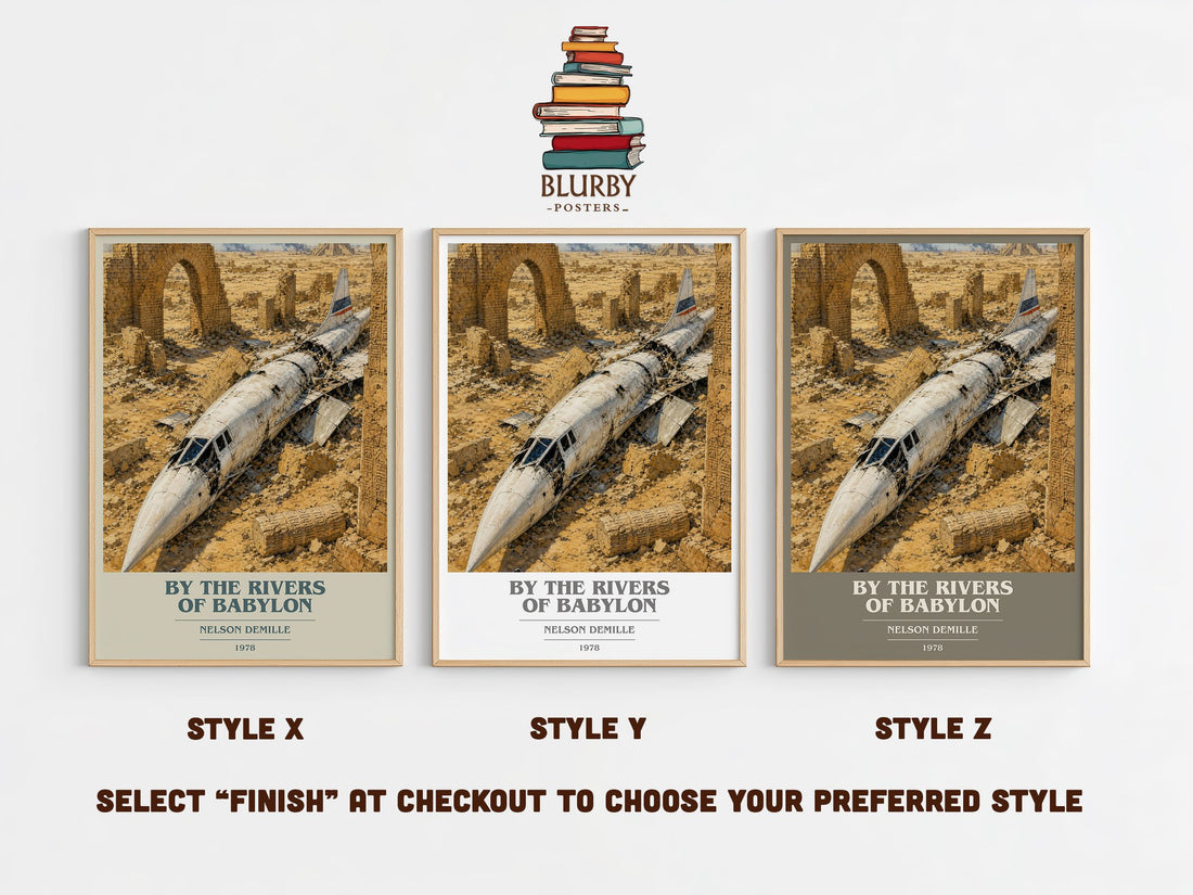 By the Rivers of Babylon book cover print in frame leaning in hallway – thriller wall art (mockup)