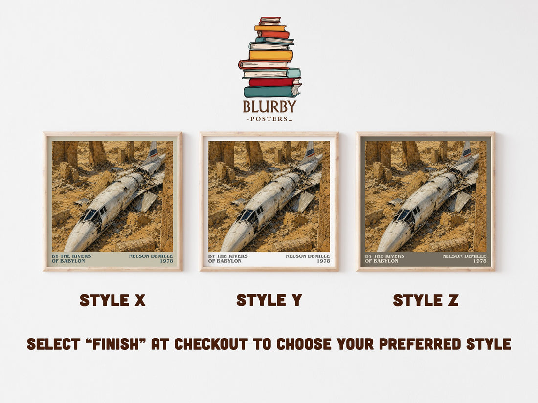 By the Rivers of Babylon literary print in frame leaning in hallway – thriller wall art (mockup)