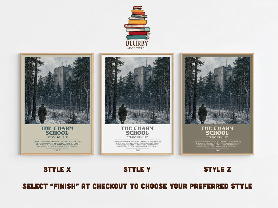 The Charm School bookish print in frame leaning in hallway – thriller wall art (mockup)