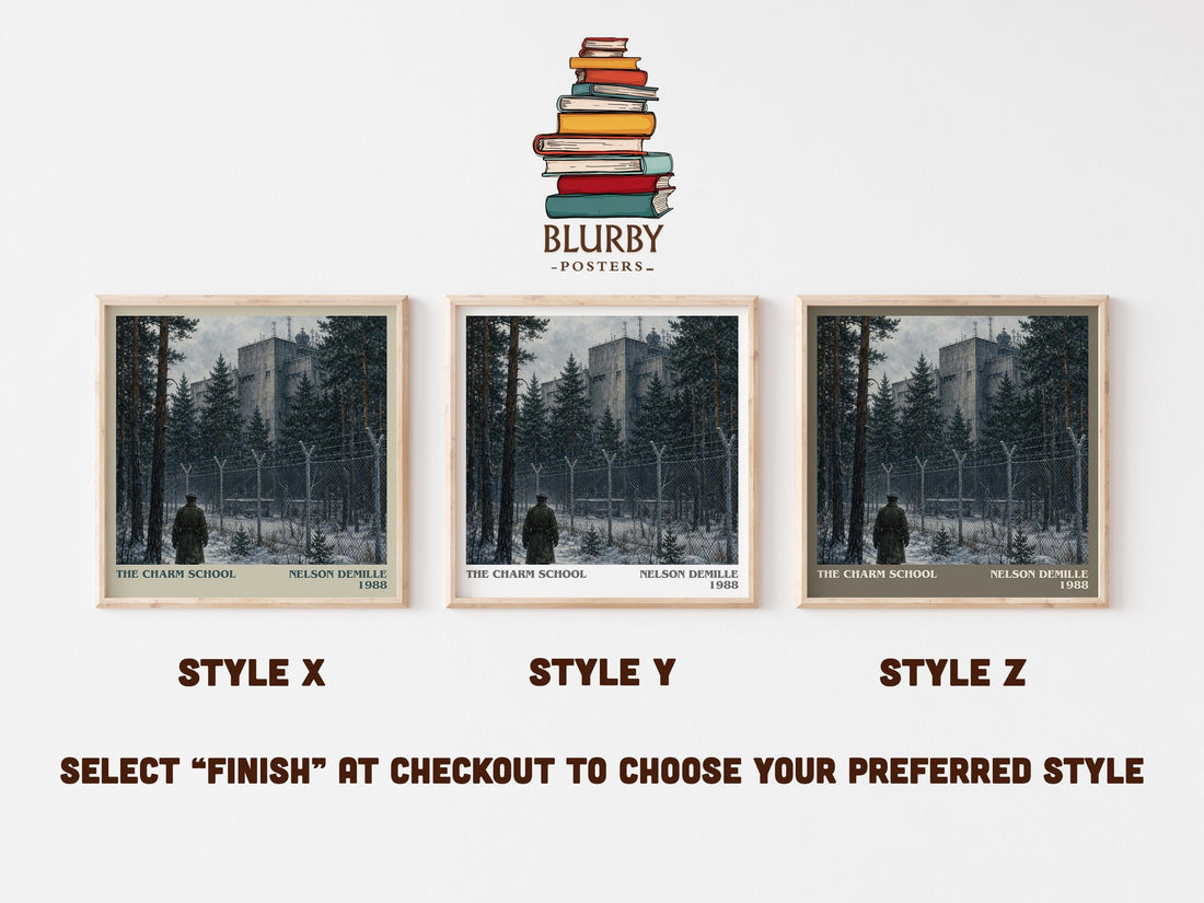 The Charm School literary print in frame leaning in hallway – thriller wall art (mockup)
