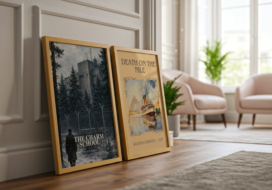 The Charm School watercolour print framed by window – literary home decor