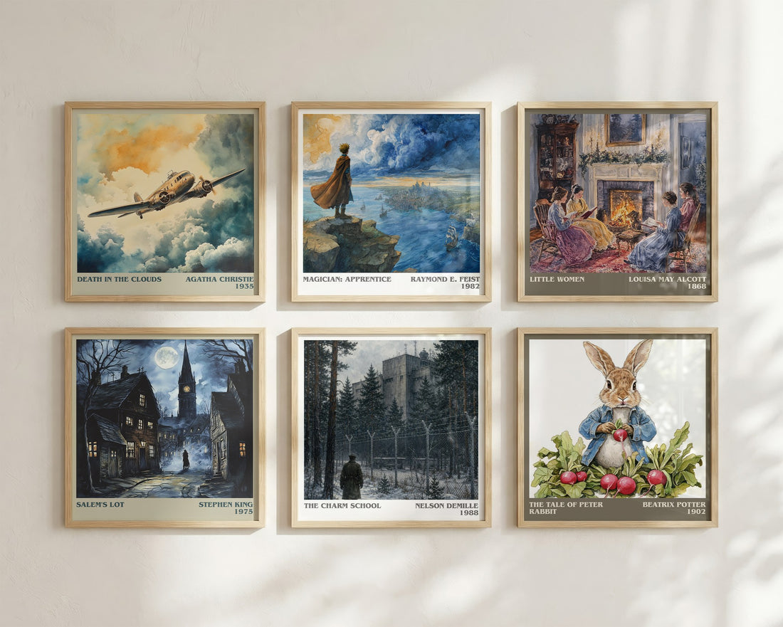 The Charm School literary art print colour and style options – Nelson DeMille book art (mockup)