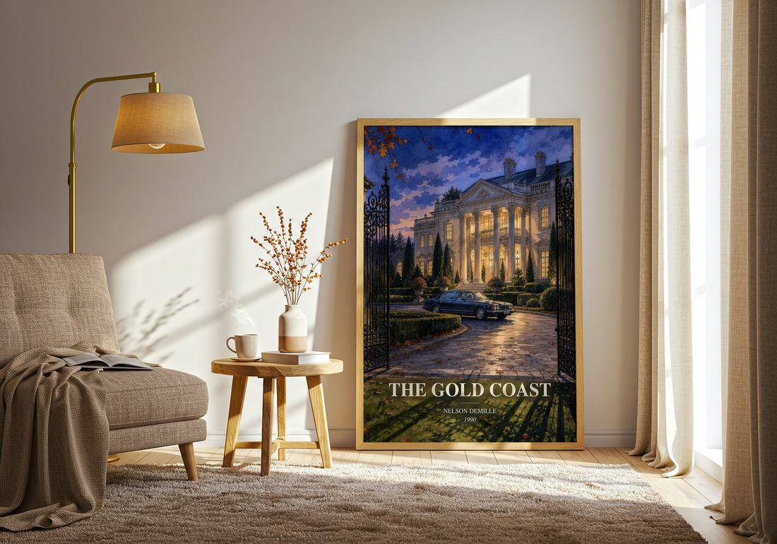 The Gold Coast watercolour print in frame leaning in hallway – legal thriller wall art (mockup)