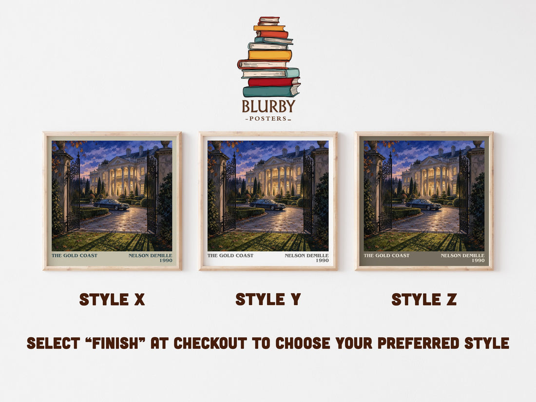 The Gold Coast literary print in frame leaning in hallway – legal thriller wall art (mockup)