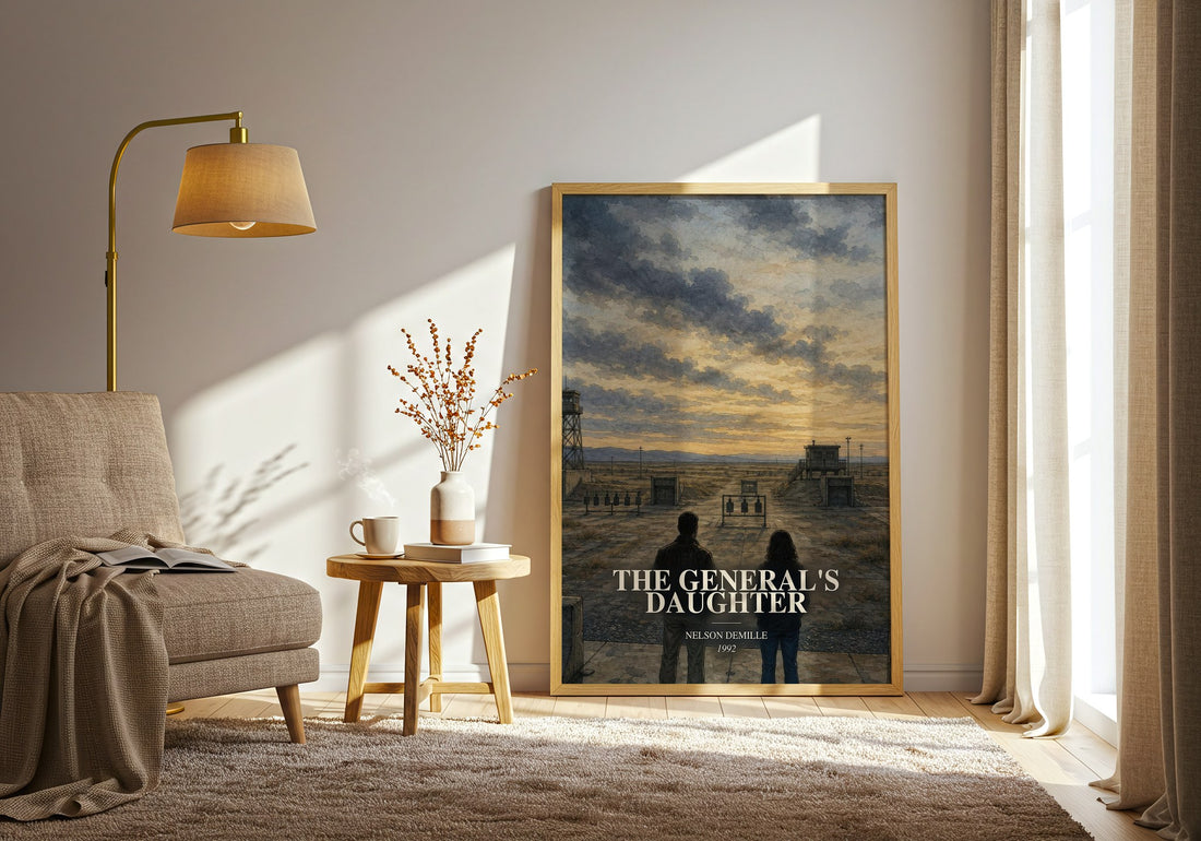 The General's Daughter watercolour print in frame leaning in hallway – crime wall art (mockup)