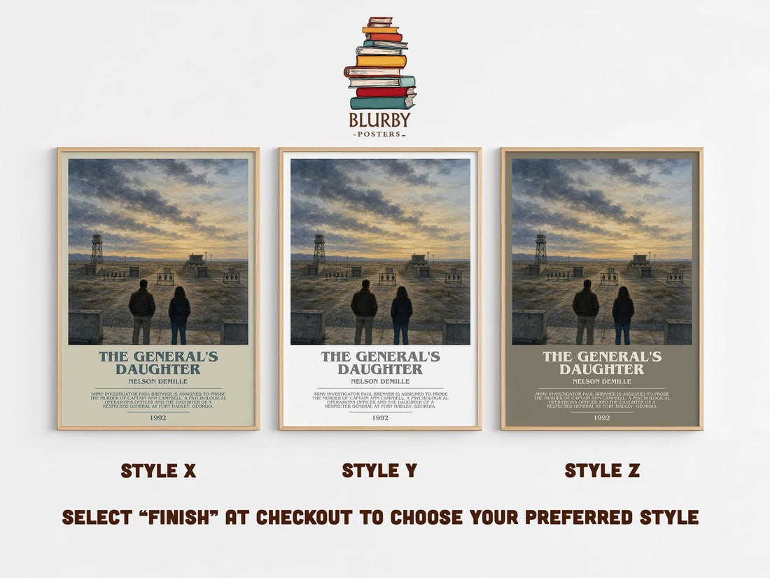 The General's Daughter bookish print in frame leaning in hallway – crime wall art (mockup)