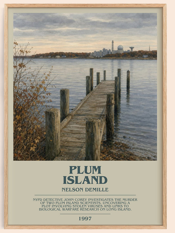 Plum Island bookish book poster by Nelson DeMille – framed literary art print