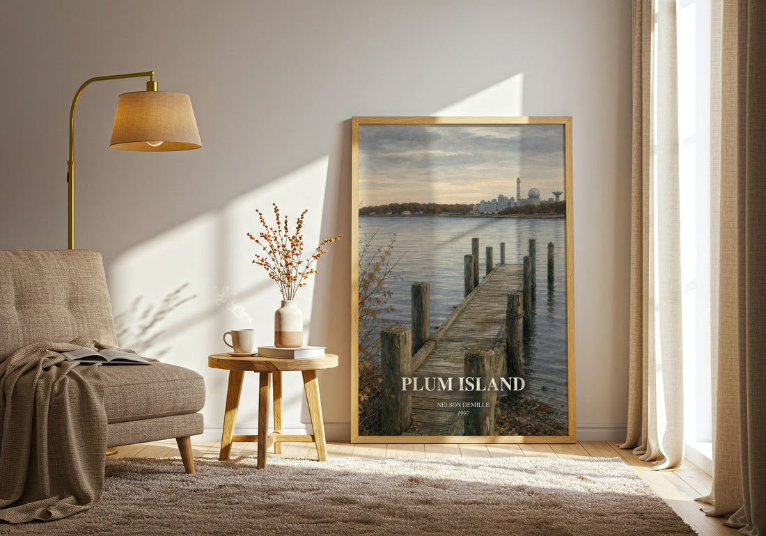 Plum Island watercolour print in frame leaning in hallway – thriller wall art (mockup)