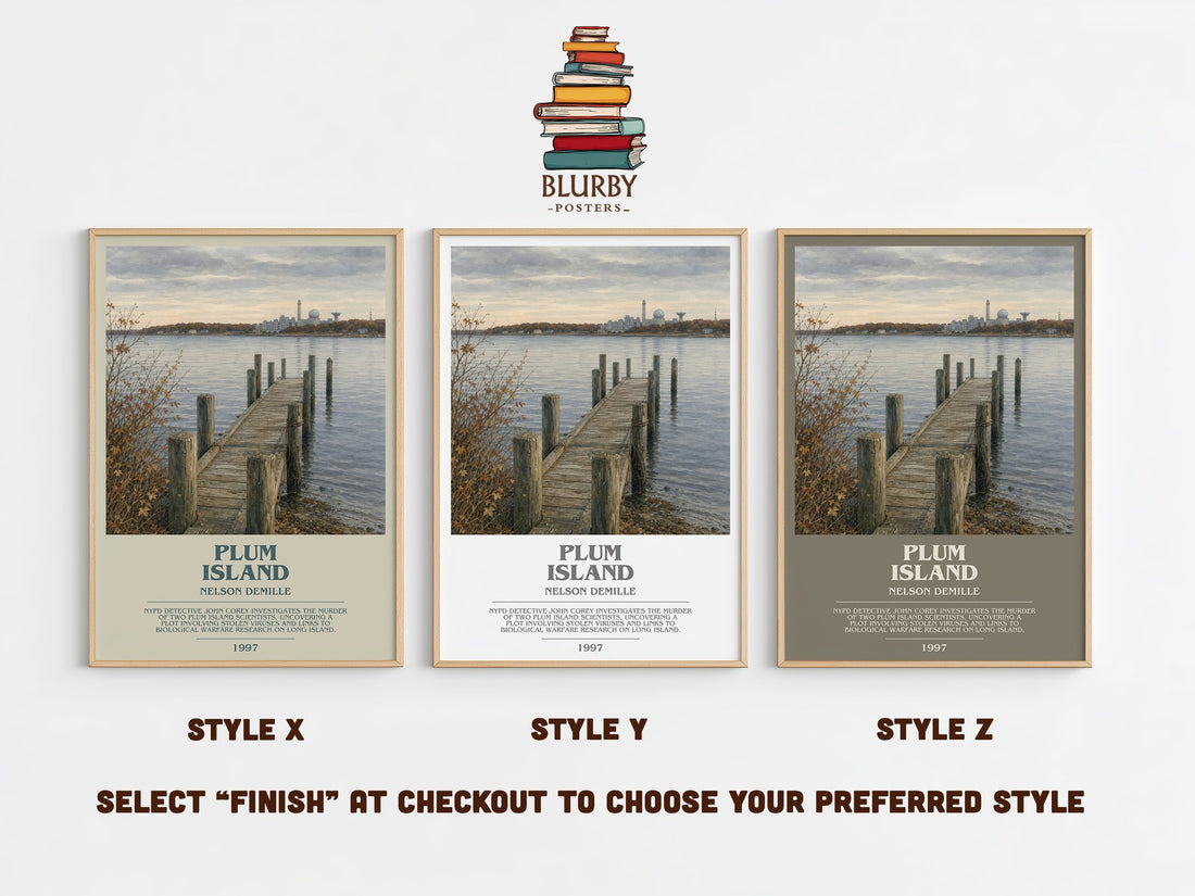 Plum Island bookish print in frame leaning in hallway – thriller wall art (mockup)