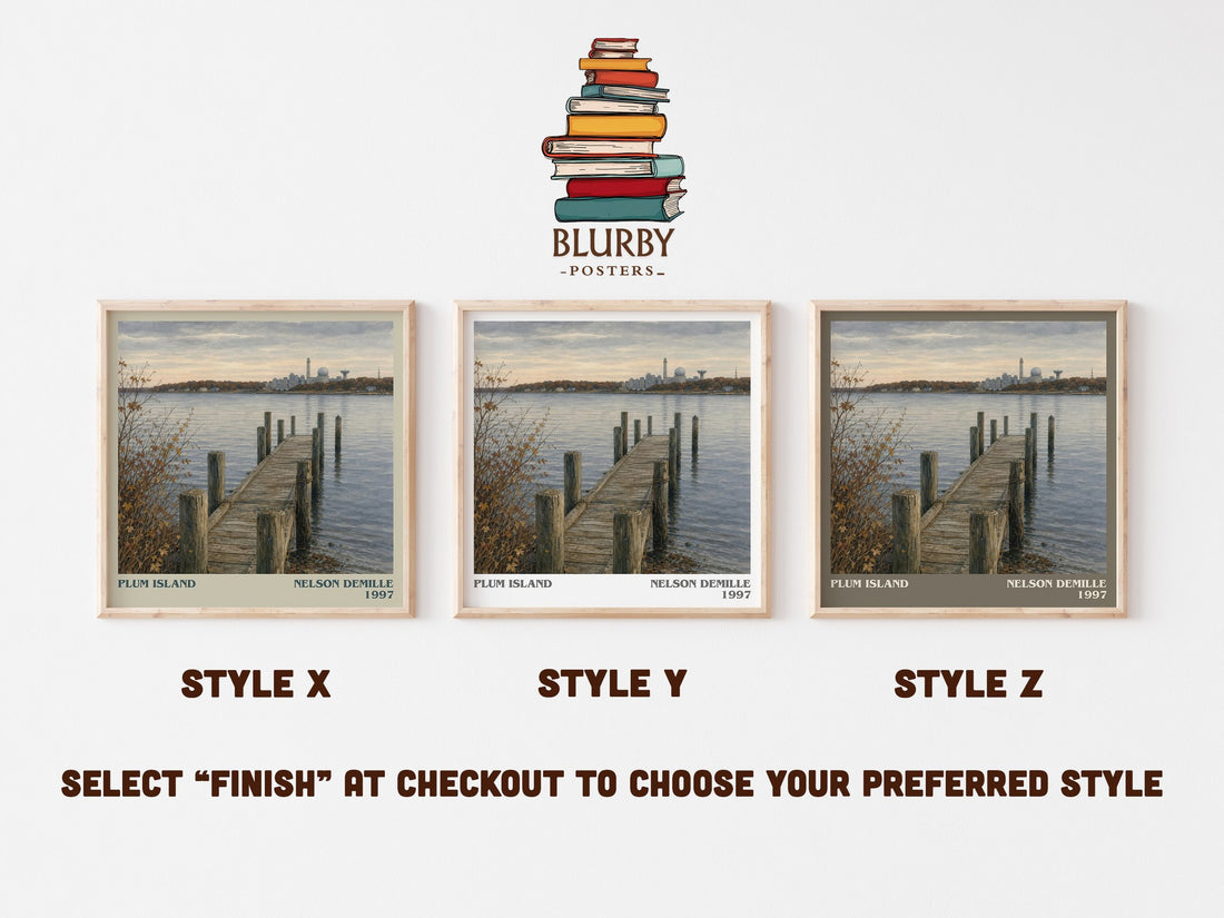 Plum Island literary print in frame leaning in hallway – thriller wall art (mockup)
