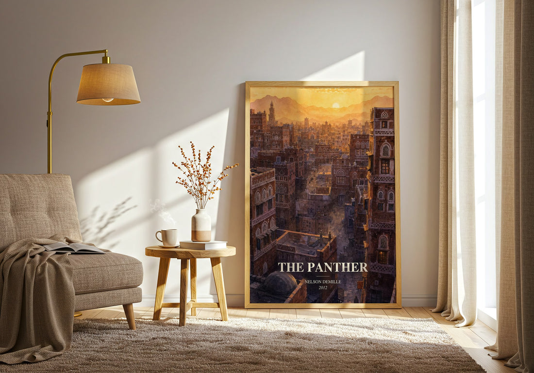 The Panther watercolour print in frame leaning in hallway – thriller wall art (mockup)