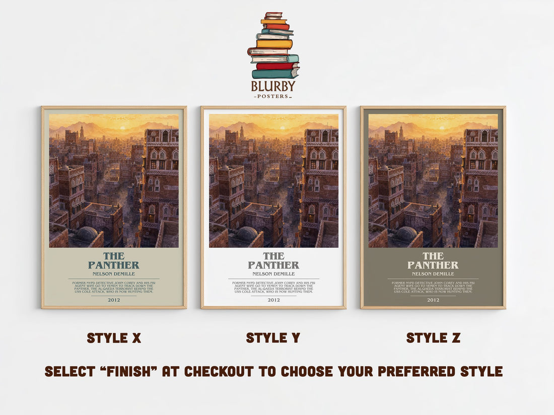 The Panther bookish print in frame leaning in hallway – thriller wall art (mockup)