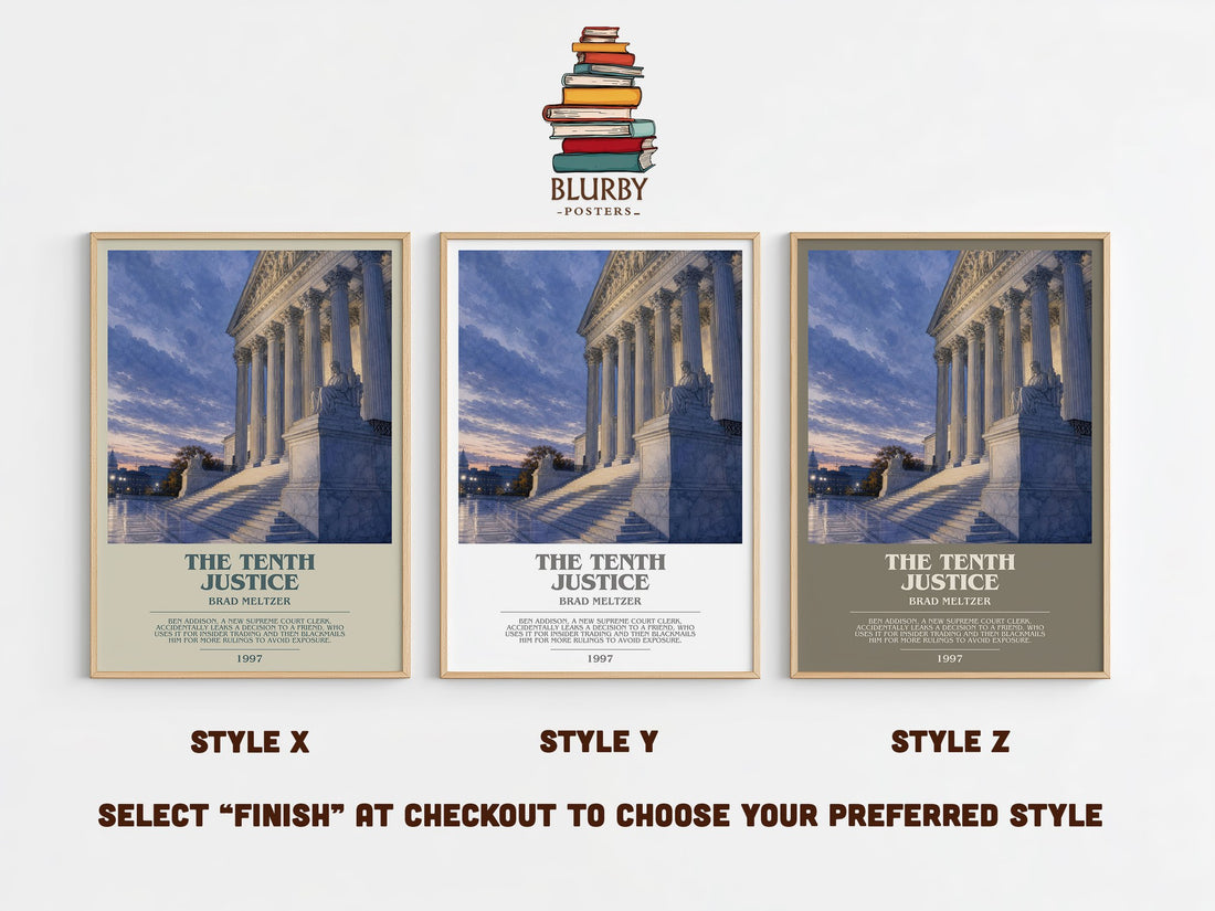 The Tenth Justice bookish print in frame leaning in hallway – legal thriller wall art (mockup)