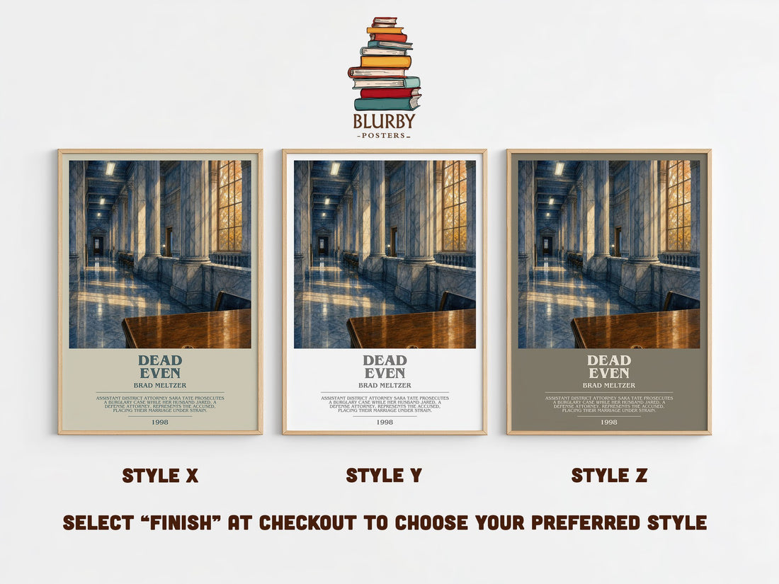 Dead Even bookish print in frame leaning in hallway – legal thriller wall art (mockup)