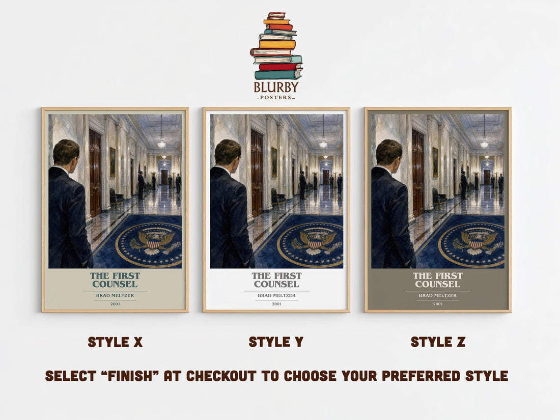 The First Counsel book cover print in frame leaning in hallway – legal thriller wall art (mockup)