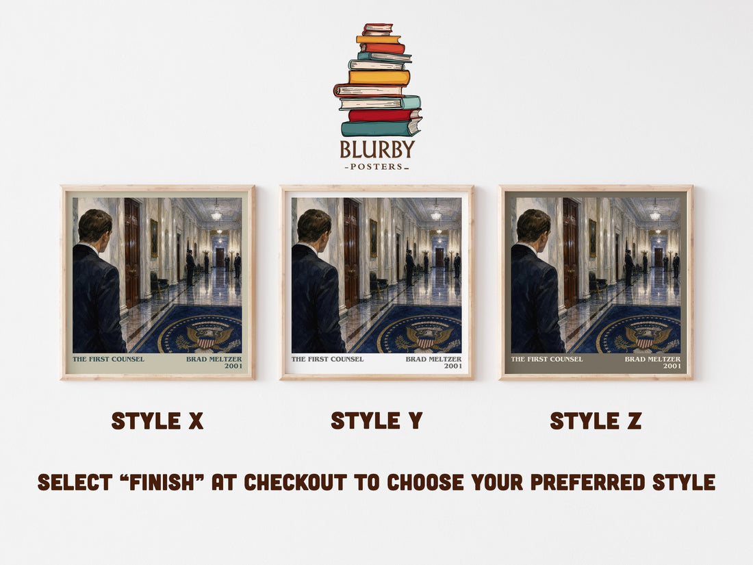 The First Counsel literary print in frame leaning in hallway – legal thriller wall art (mockup)