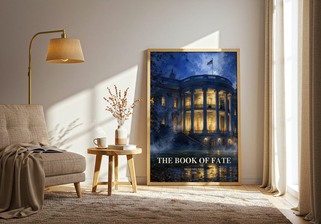 The Book of Fate watercolour print in frame leaning in hallway – thriller wall art (mockup)