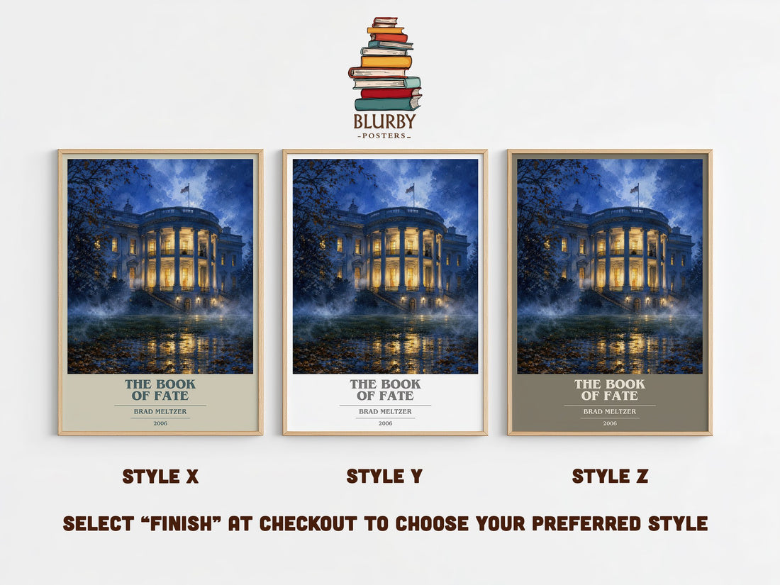 The Book of Fate book cover print in frame leaning in hallway – thriller wall art (mockup)