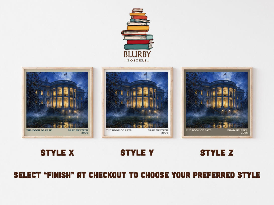 The Book of Fate literary print in frame leaning in hallway – thriller wall art (mockup)
