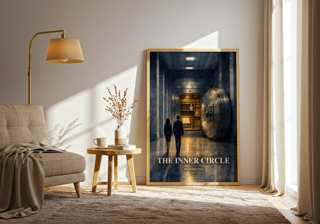 The Inner Circle watercolour print in frame leaning in hallway – thriller wall art (mockup)