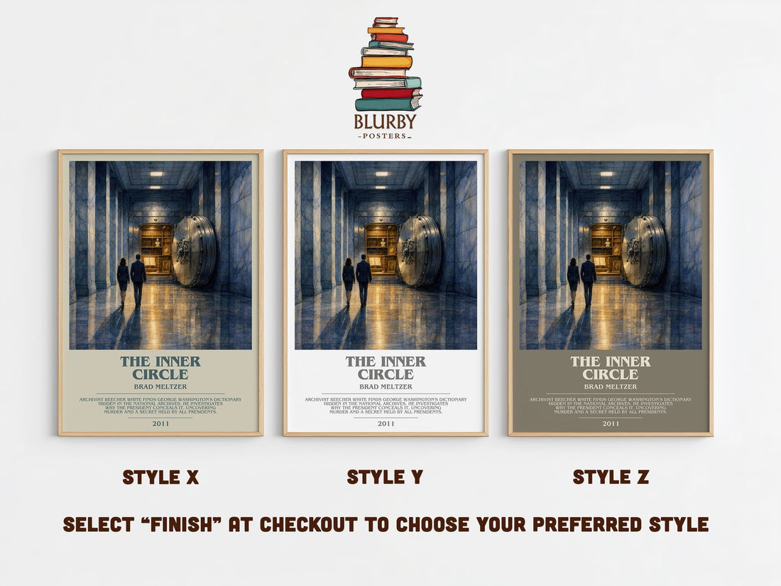 The Inner Circle bookish print in frame leaning in hallway – thriller wall art (mockup)