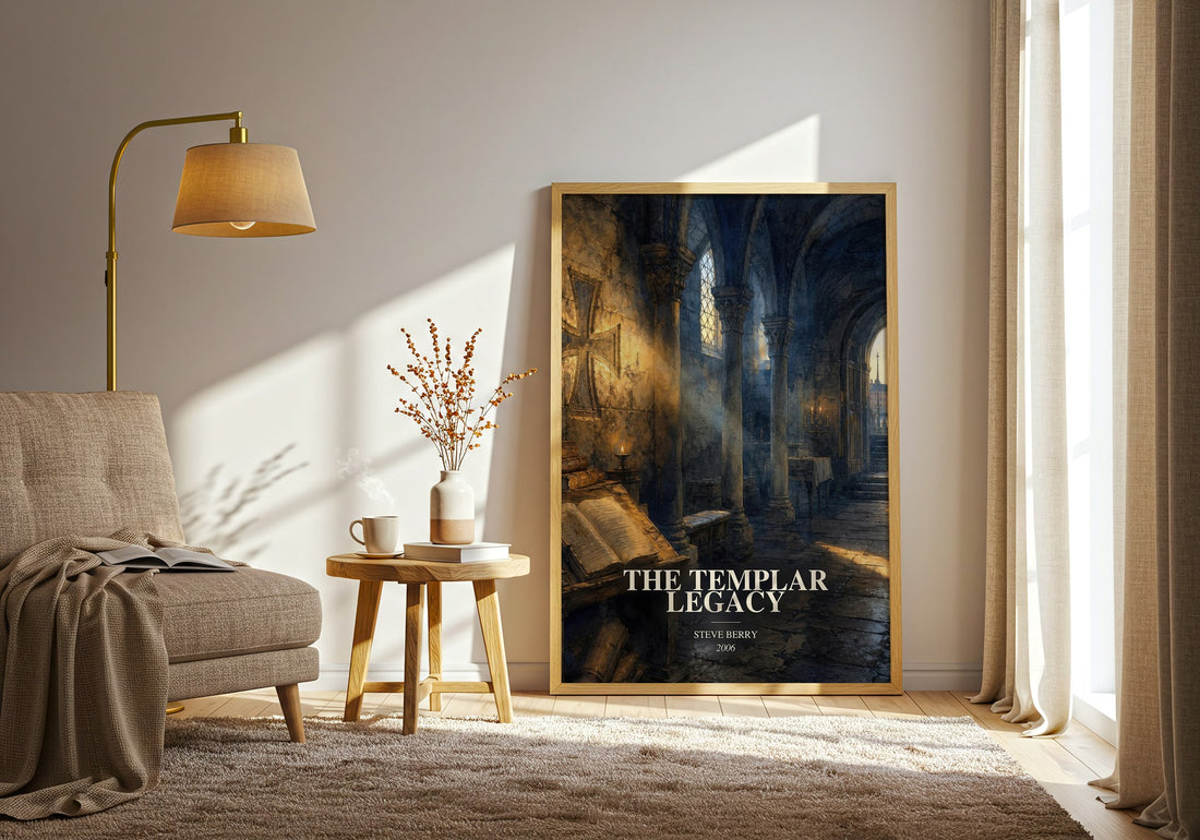 The Templar Legacy watercolour print in frame leaning in hallway – thriller wall art (mockup)