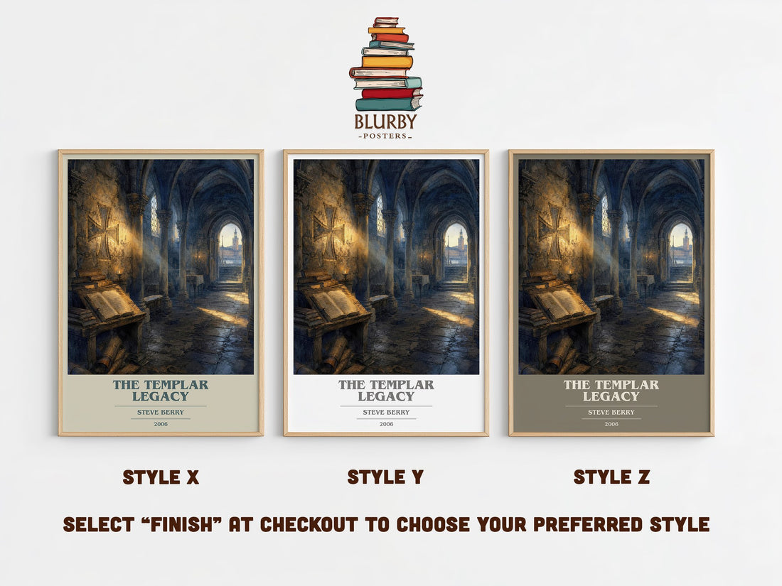 The Templar Legacy book cover print in frame leaning in hallway – thriller wall art (mockup)