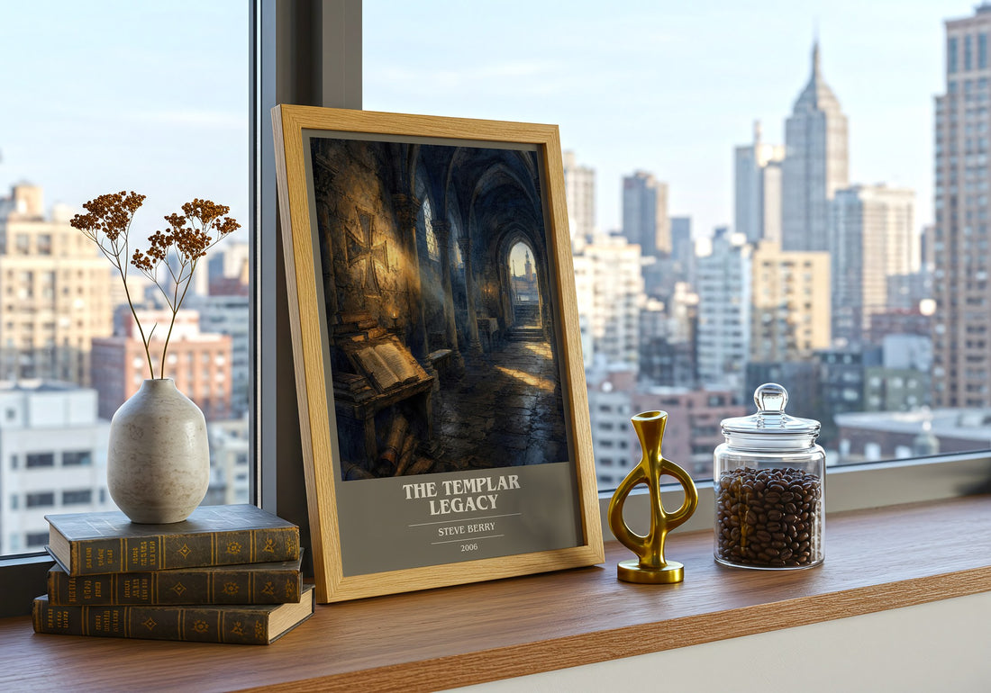 The Templar Legacy book cover print framed by window – literary home decor