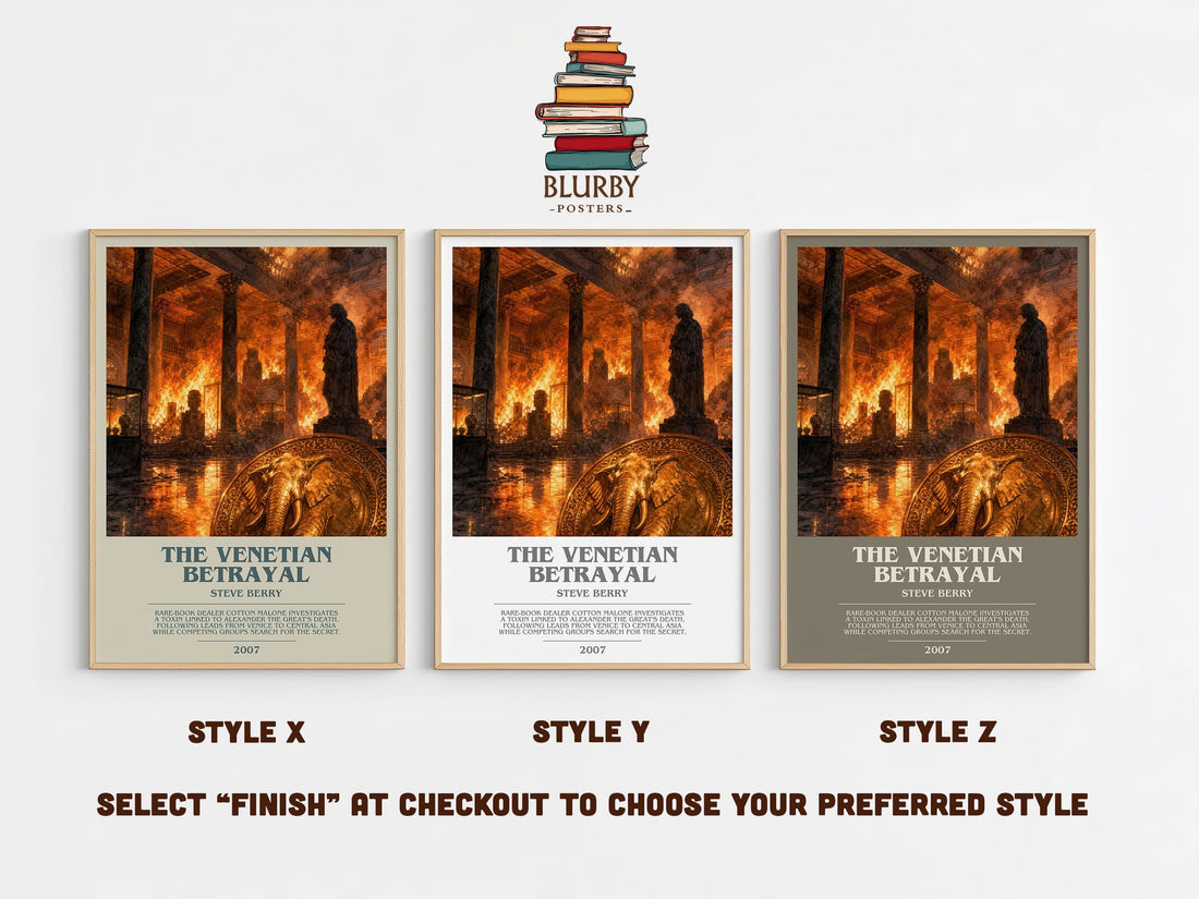 The Venetian Betrayal bookish print in frame leaning in hallway – thriller wall art (mockup)