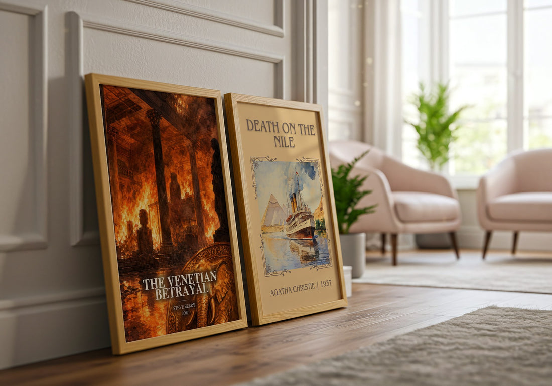 The Venetian Betrayal watercolour print framed by window – literary home decor