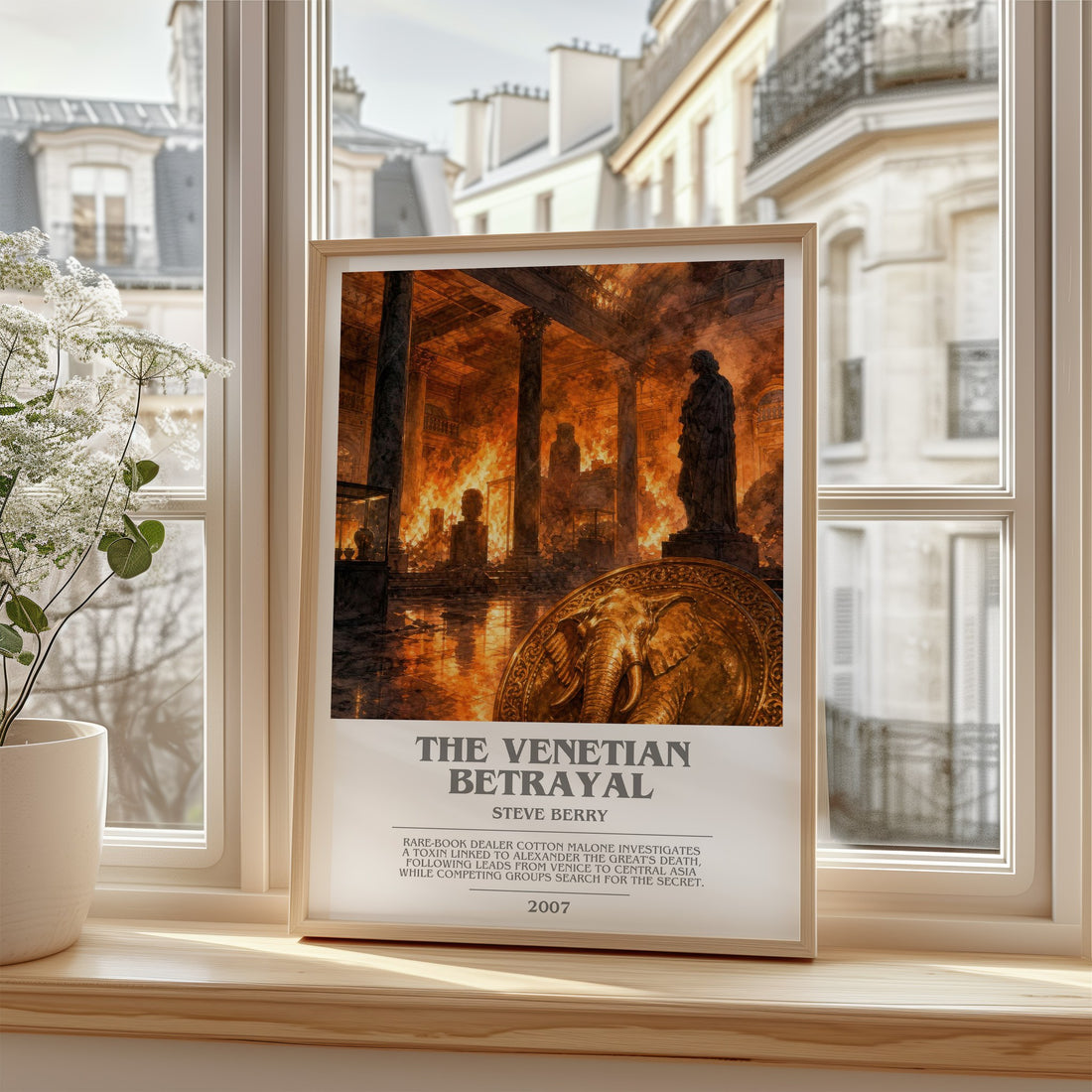 The Venetian Betrayal Bookish Wall Art by Steve Berry – framed print by a bright window