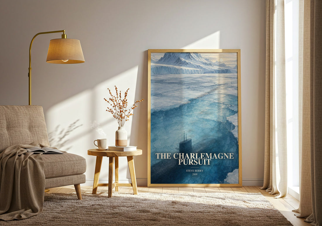 The Charlemagne Pursuit watercolour print in frame leaning in hallway – thriller wall art (mockup)