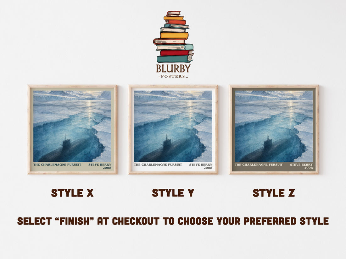 The Charlemagne Pursuit literary print in frame leaning in hallway – thriller wall art (mockup)