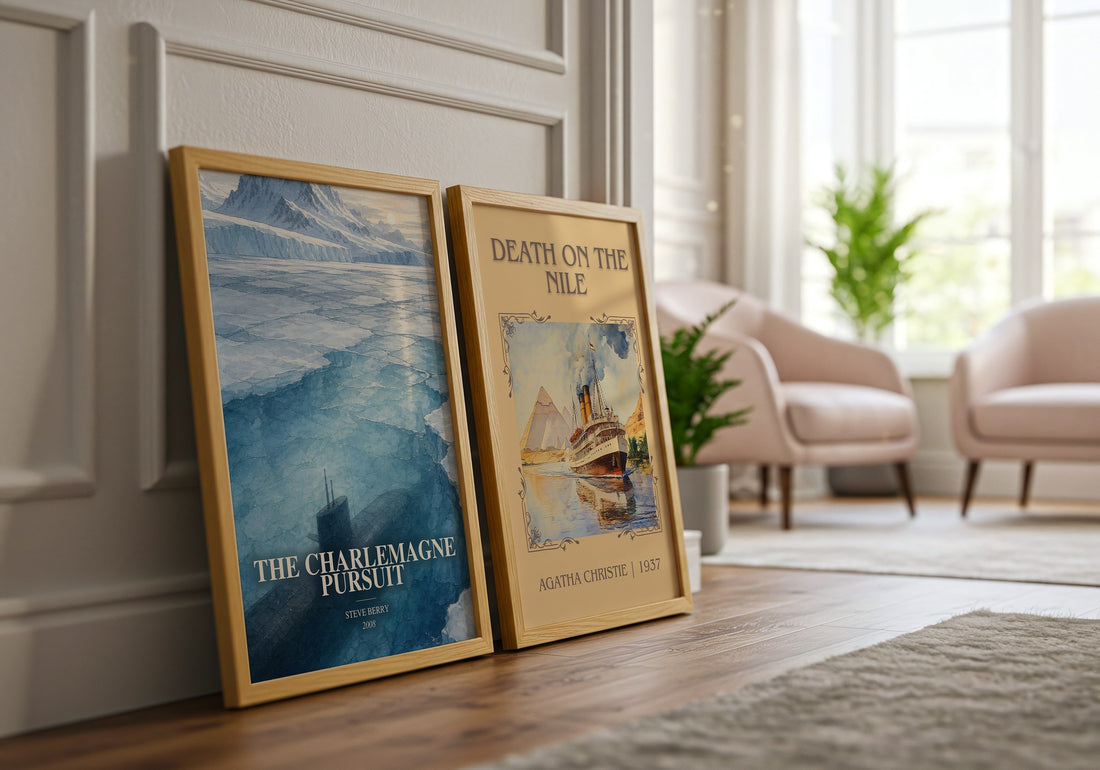 The Charlemagne Pursuit watercolour print framed by window – literary home decor