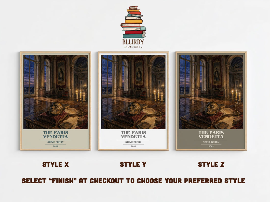 The Paris Vendetta book cover print in frame leaning in hallway – thriller wall art (mockup)
