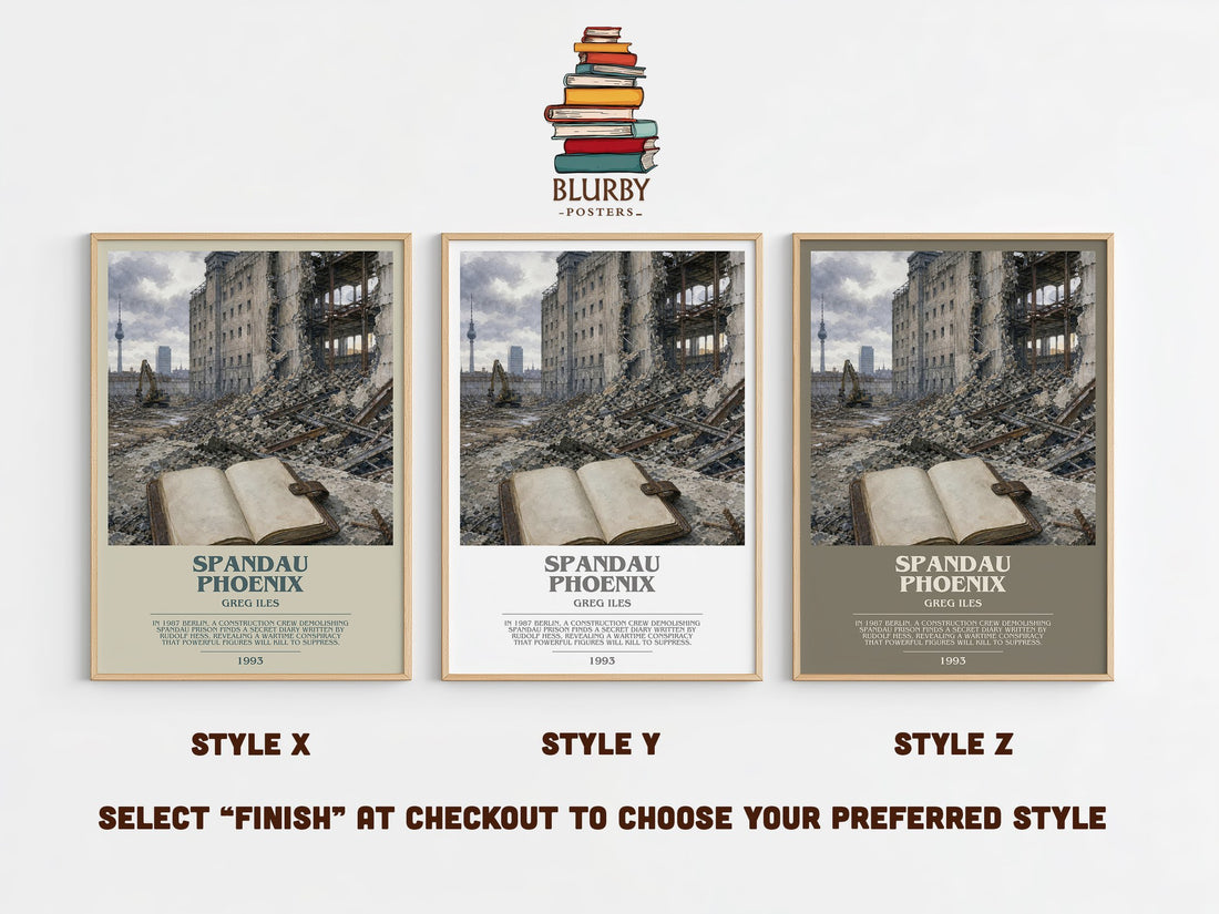 Spandau Phoenix bookish print in frame leaning in hallway – thriller wall art (mockup)