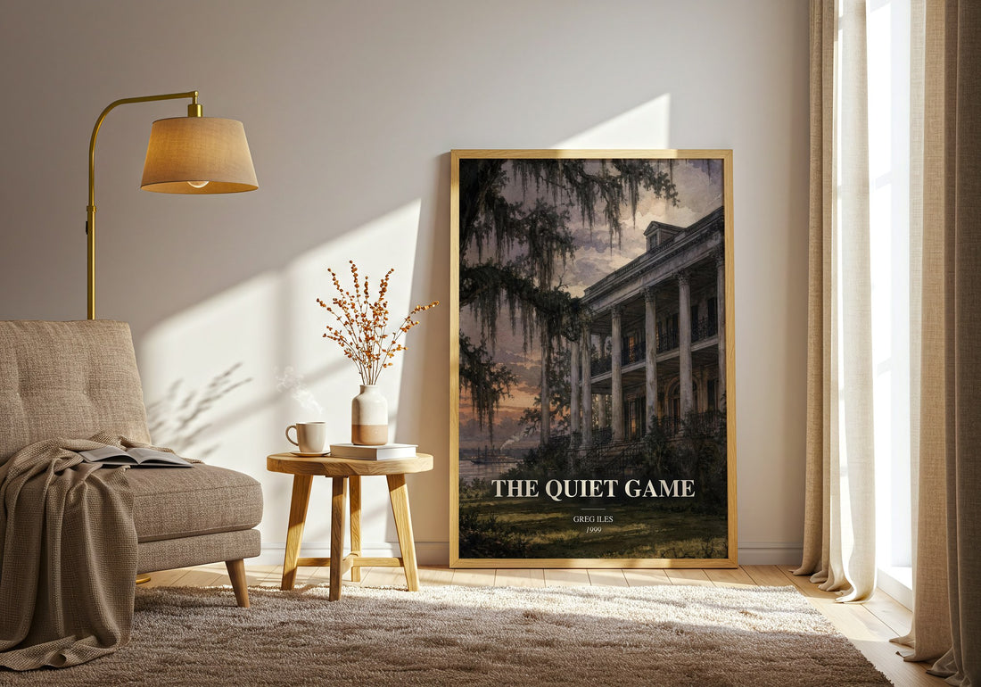 The Quiet Game watercolour print in frame leaning in hallway – legal thriller wall art (mockup)