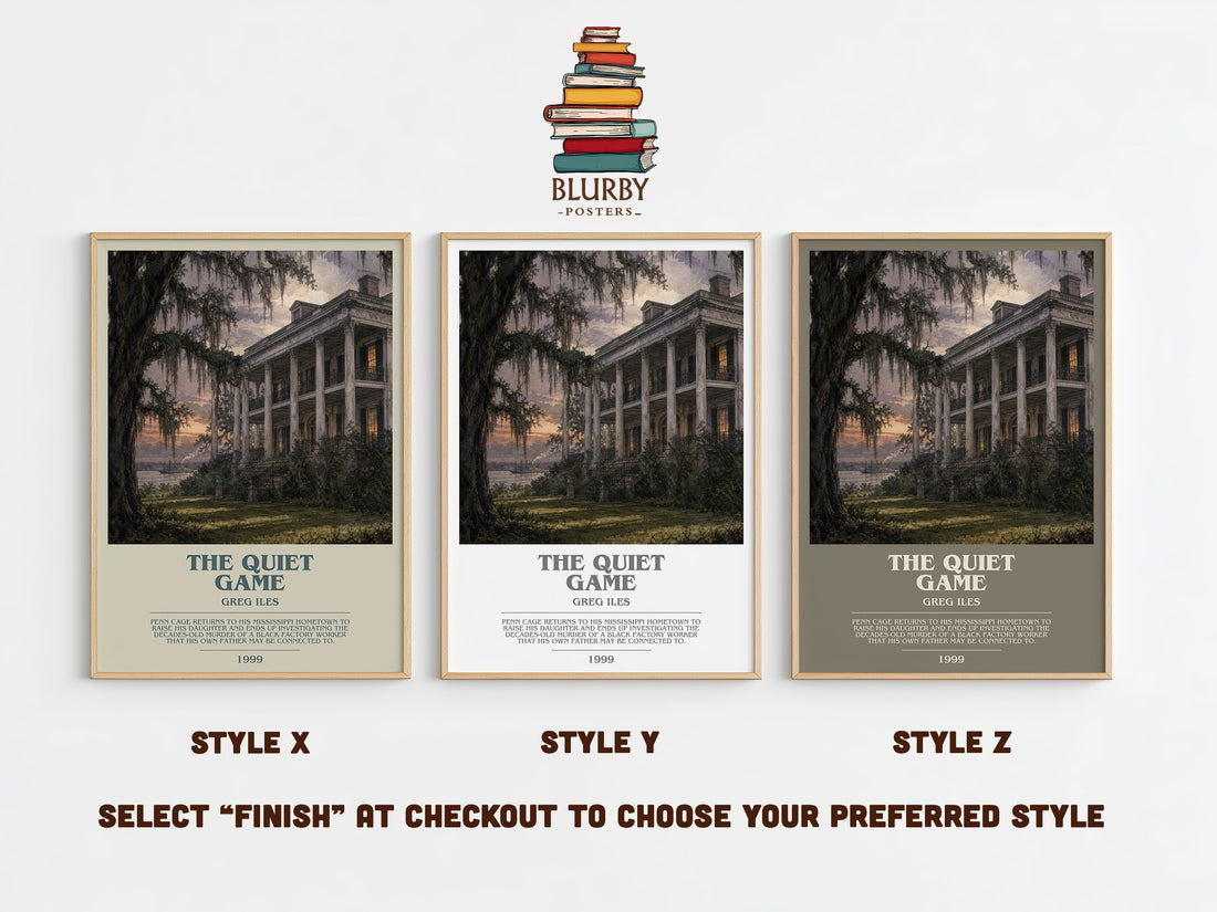 The Quiet Game bookish print in frame leaning in hallway – legal thriller wall art (mockup)