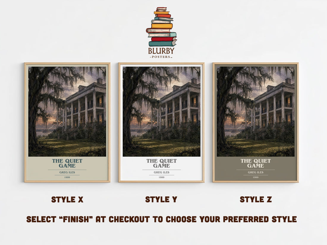 The Quiet Game book cover print in frame leaning in hallway – legal thriller wall art (mockup)
