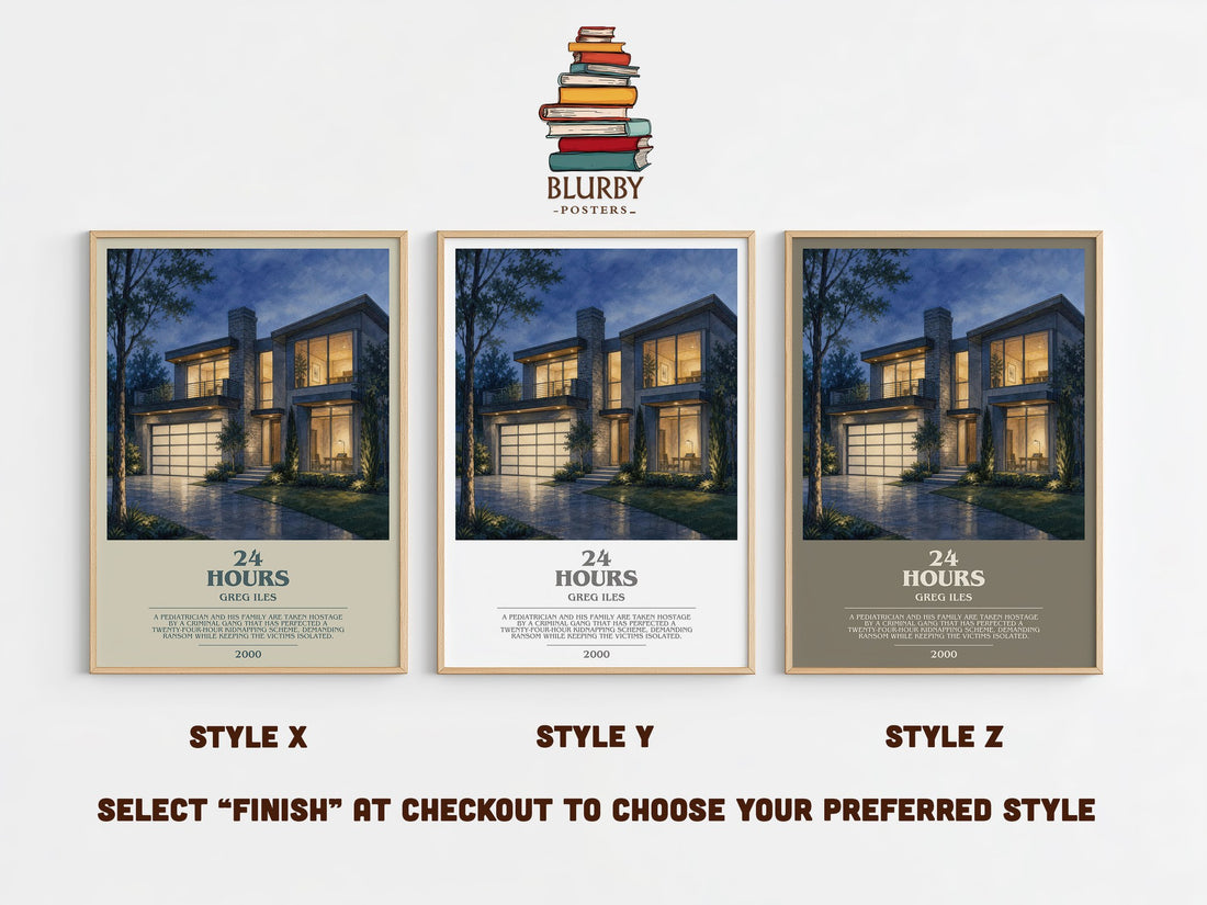 24 Hours bookish print in frame leaning in hallway – thriller wall art (mockup)