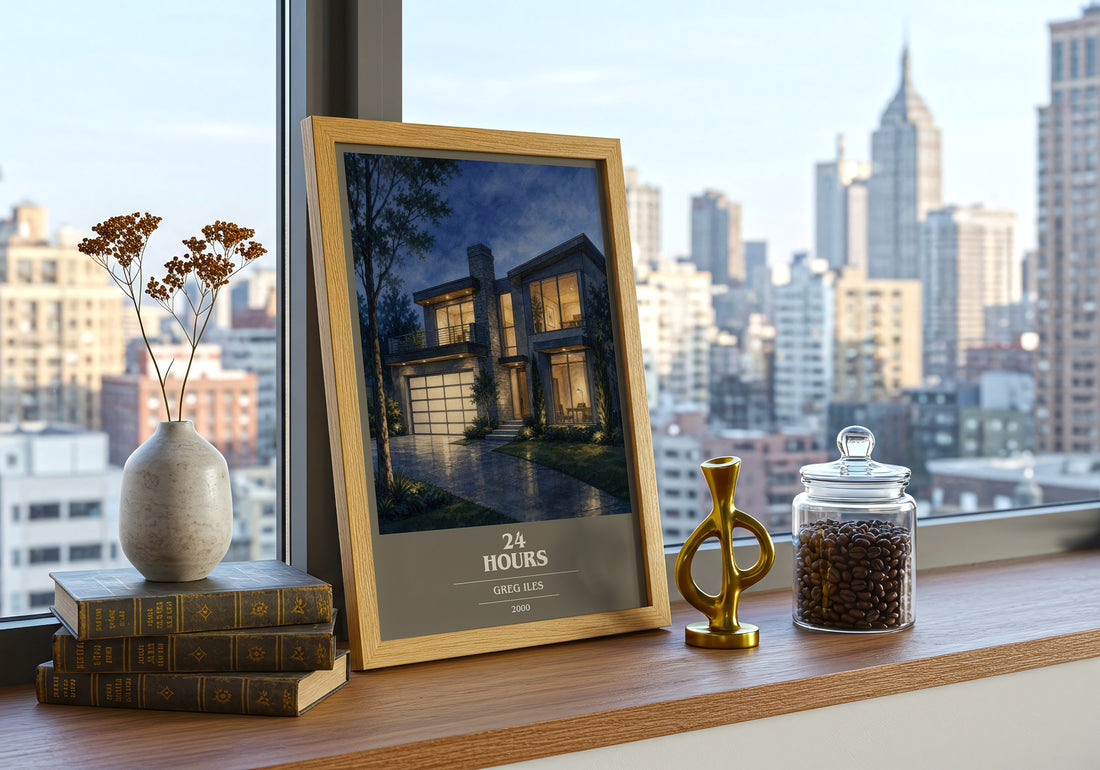 24 Hours book cover print framed by window – literary home decor