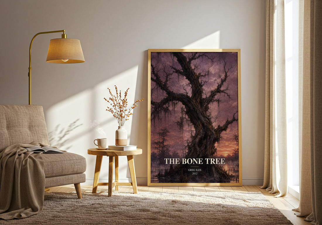 The Bone Tree watercolour print in frame leaning in hallway – legal thriller wall art (mockup)