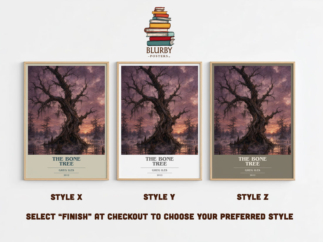 The Bone Tree book cover print in frame leaning in hallway – legal thriller wall art (mockup)