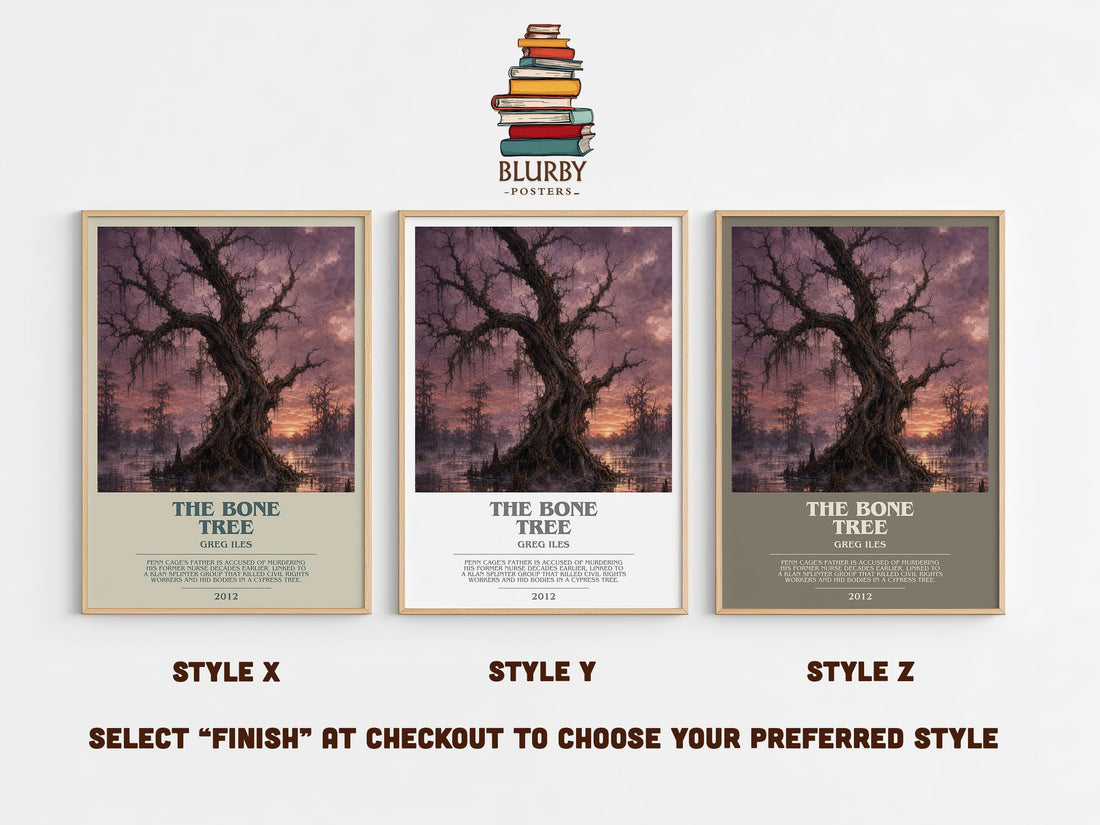 The Bone Tree bookish print in frame leaning in hallway – legal thriller wall art (mockup)