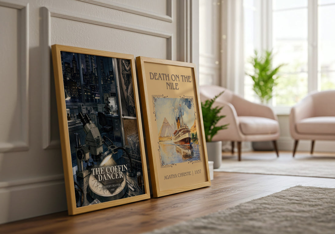 The Coffin Dancer watercolour print framed by window – literary home decor