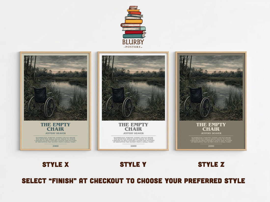 The Empty Chair bookish print in frame leaning in hallway – crime wall art (mockup)
